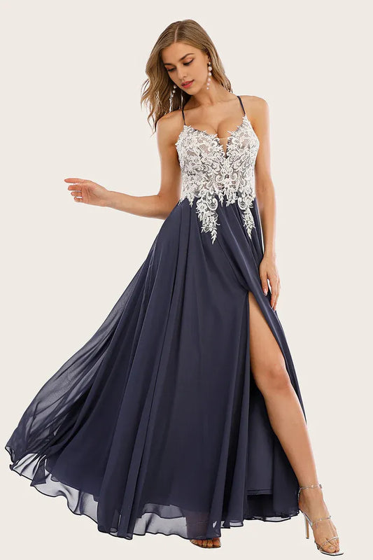 Dress Dusty Blue Long Chiffon A-line Party Dress With Lace Applique Prom Dress
