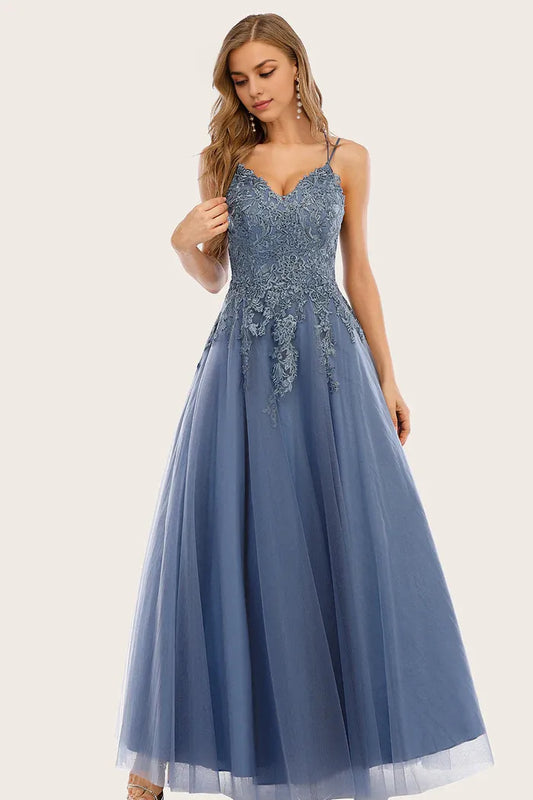 Dress A-line Dusty Blue Long Party Dress With Lace Applique Prom Dress