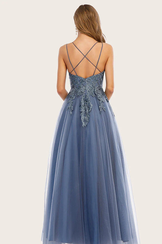 Dress A-line Dusty Blue Long Party Dress With Lace Applique Prom Dress