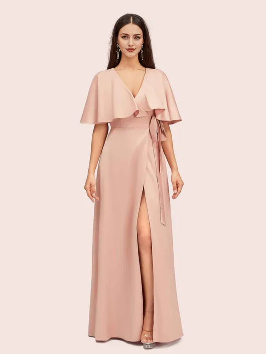 Dress A-line Elegant Bat Sleeves V-neck Side Slit Long Soft Satin Party Floor Length Prom Dresses