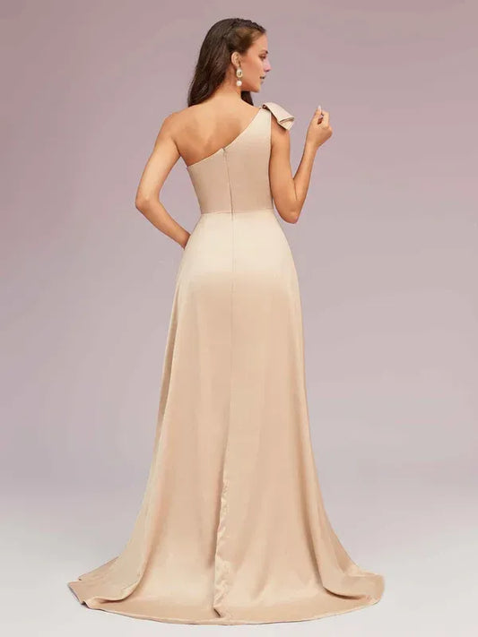 Dress A-line Elegant One Shoulder Strapless Maxi Dress Soft Satin Formal Sleeveless Prom Dresses