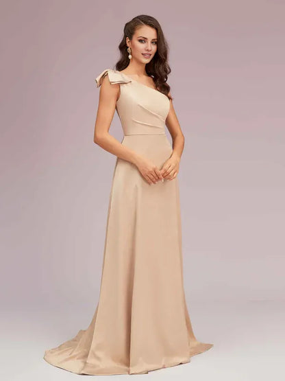Dress A-line Elegant One Shoulder Strapless Maxi Dress Soft Satin Formal Sleeveless Prom Dresses