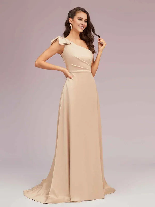 Dress A-line Elegant One Shoulder Strapless Maxi Dress Soft Satin Formal Sleeveless Prom Dresses