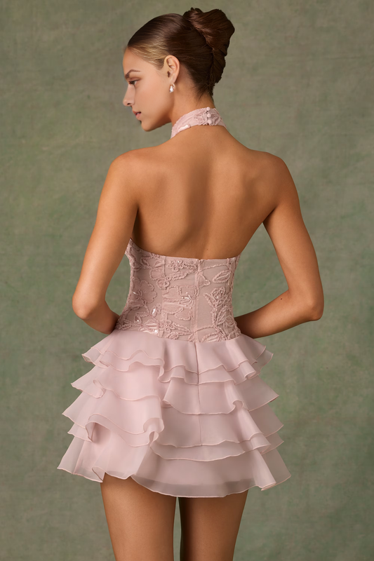 Dress A-line Embellished Ruffled Halterneck Mini Dress Dusty Rose Open Back Homecoming Dress
