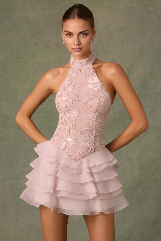 Dress A-line Embellished Ruffled Halterneck Mini Dress Dusty Rose Open Back Homecoming Dress