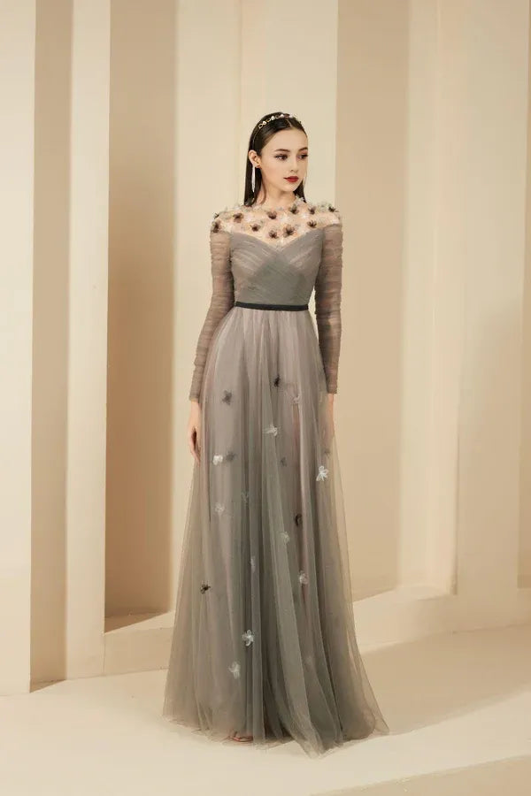 Dress A-line Gathered Round Neck Mesh Sheer Maxi Dress Vintage Tulle Pleats Prom Dress With Flower