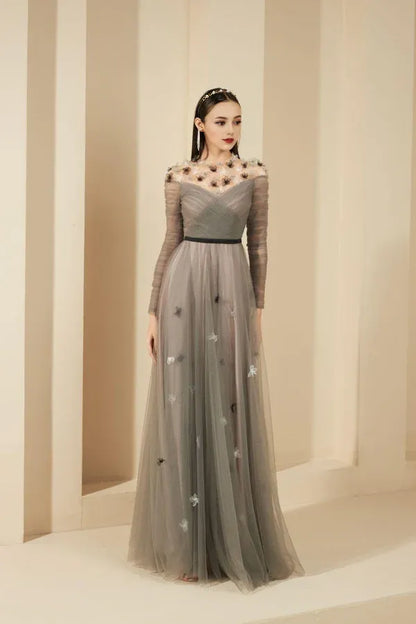 Dress A-line Gathered Round Neck Mesh Sheer Maxi Dress Vintage Tulle Pleats Prom Dress With Flower