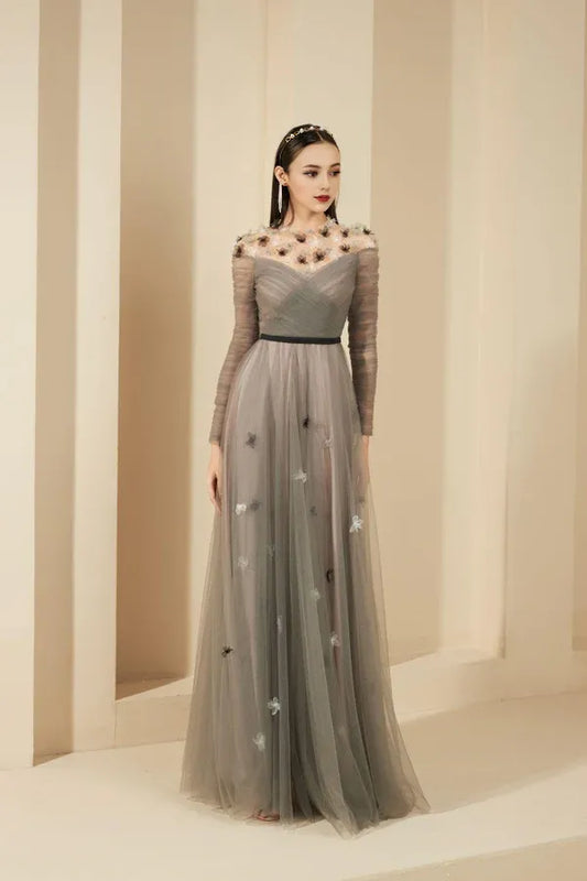 Dress A-line Gathered Round Neck Mesh Sheer Maxi Dress Vintage Tulle Pleats Prom Dress With Flower