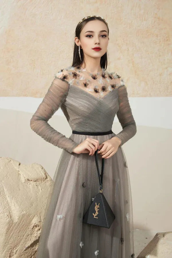 Dress A-line Gathered Round Neck Mesh Sheer Maxi Dress Vintage Tulle Pleats Prom Dress With Flower