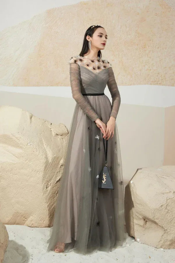 Dress A-line Gathered Round Neck Mesh Sheer Maxi Dress Vintage Tulle Pleats Prom Dress With Flower