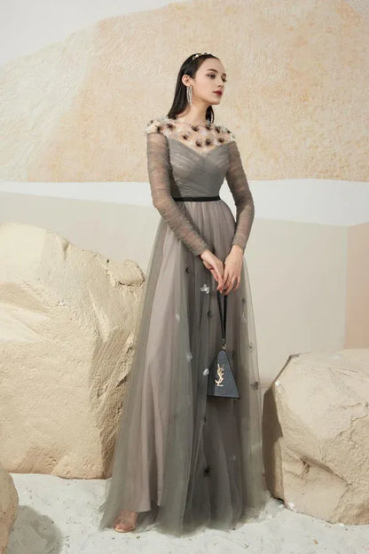 Dress A-line Gathered Round Neck Mesh Sheer Maxi Dress Vintage Tulle Pleats Prom Dress With Flower