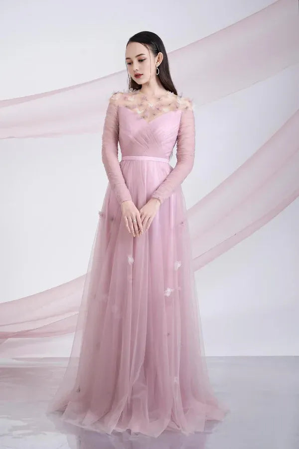 Dress A-line Gathered Round Neck Mesh Sheer Maxi Dress Vintage Tulle Pleats Prom Dress With Flower