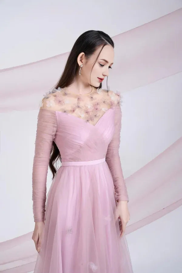 Dress A-line Gathered Round Neck Mesh Sheer Maxi Dress Vintage Tulle Pleats Prom Dress With Flower