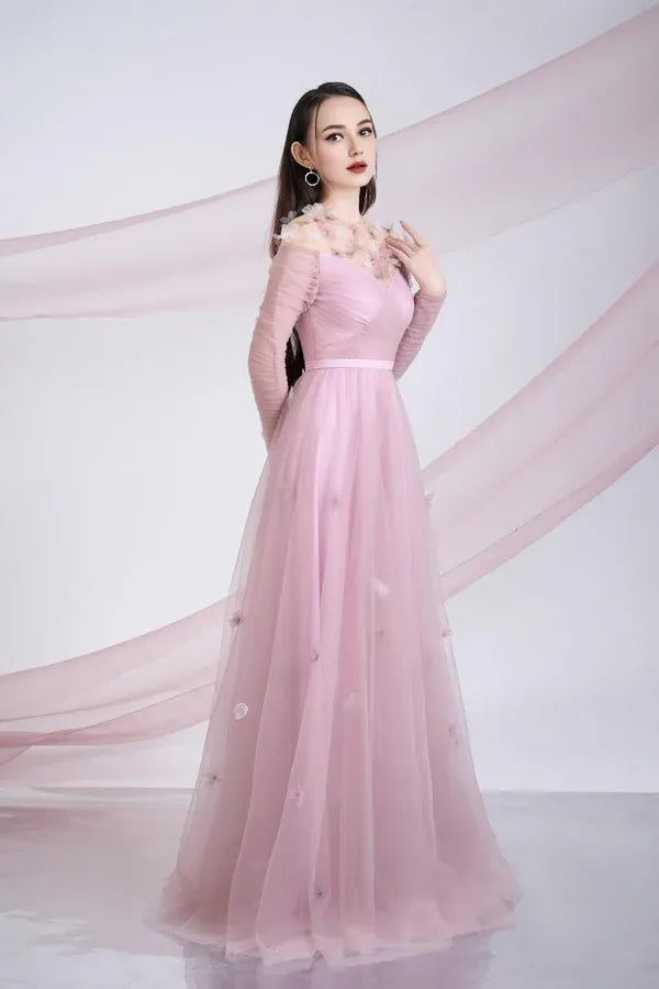 Dress A-line Gathered Round Neck Mesh Sheer Maxi Dress Vintage Tulle Pleats Prom Dress With Flower