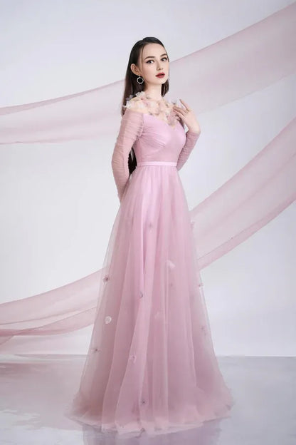 Dress A-line Gathered Round Neck Mesh Sheer Maxi Dress Vintage Tulle Pleats Prom Dress With Flower