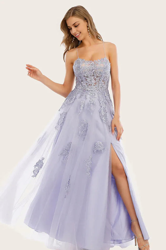 Dress A-line Lavender Slit Tulle Long Evening Dress With Lace Prom Dress