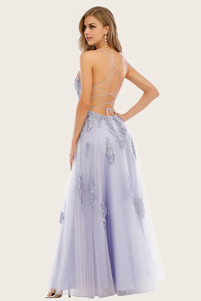 Dress A-line Lavender Slit Tulle Long Evening Dress With Lace Prom Dress