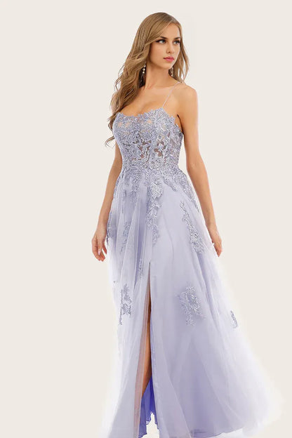 Dress A-line Lavender Slit Tulle Long Evening Dress With Lace Prom Dress