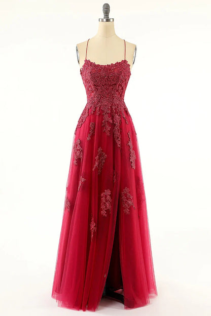Dress A-line Lavender Slit Tulle Long Evening Dress With Lace Prom Dress