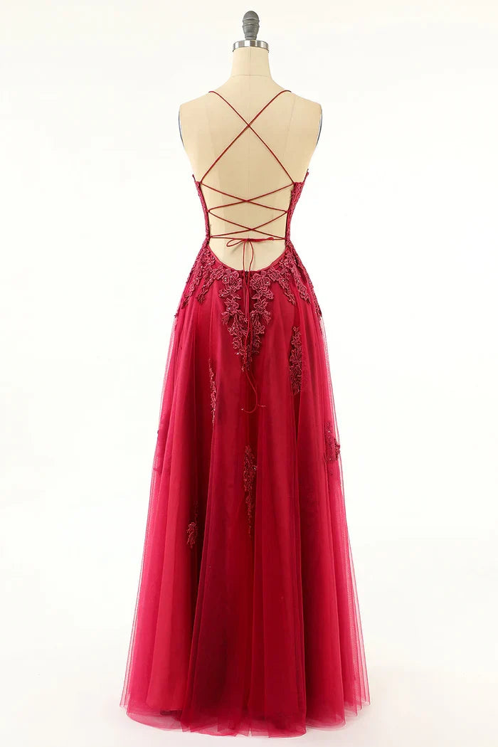 Dress A-line Lavender Slit Tulle Long Evening Dress With Lace Prom Dress