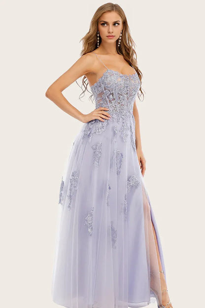 Dress A-line Lavender Slit Tulle Long Evening Dress With Lace Prom Dress
