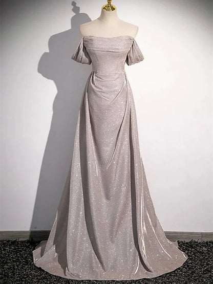 Dress A-line Off Shoulder Long Prom Dress Party Dress Shiny Ruffle Long Formal Dress Formal Wear Dresses