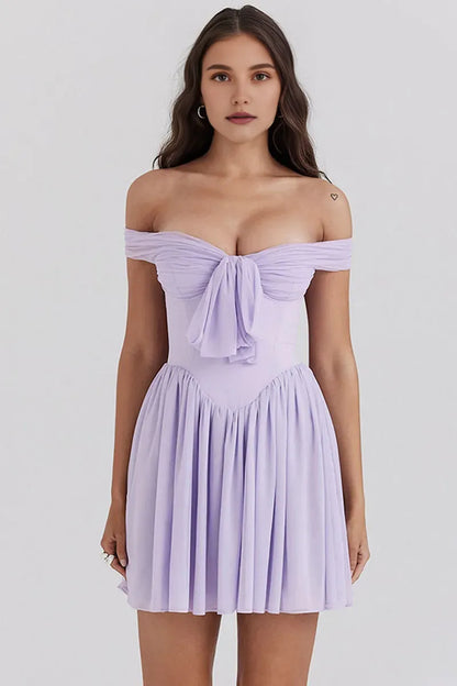 Dress A-line Off Shoulder Tie Up Bow Cinch Waist Ruched Mini Dresses Purple Homecoming Dress