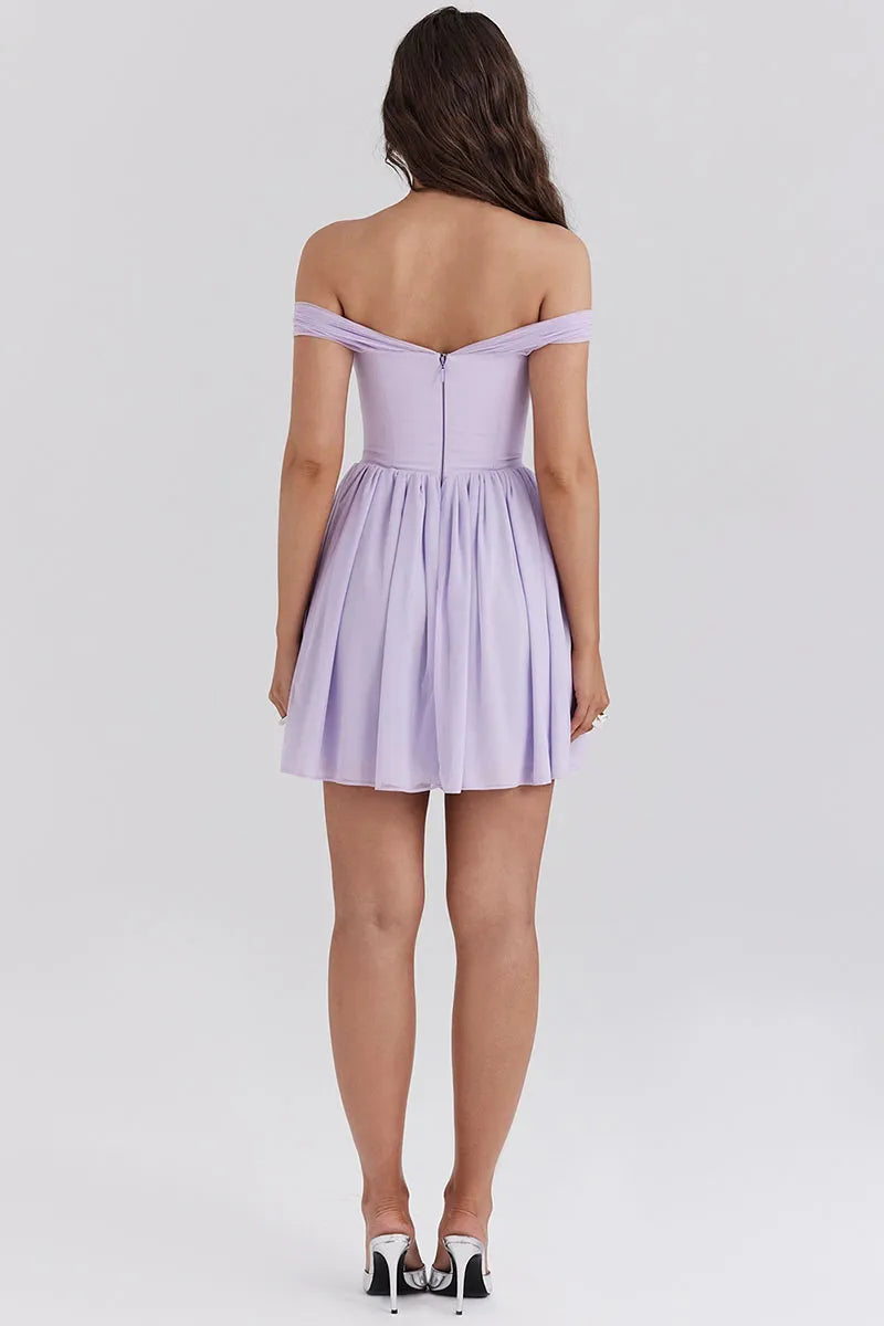Dress A-line Off Shoulder Tie Up Bow Cinch Waist Ruched Mini Dresses Purple Homecoming Dress