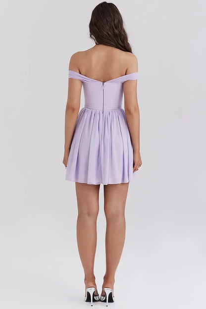 Dress A-line Off Shoulder Tie Up Bow Cinch Waist Ruched Mini Dresses Purple Homecoming Dress