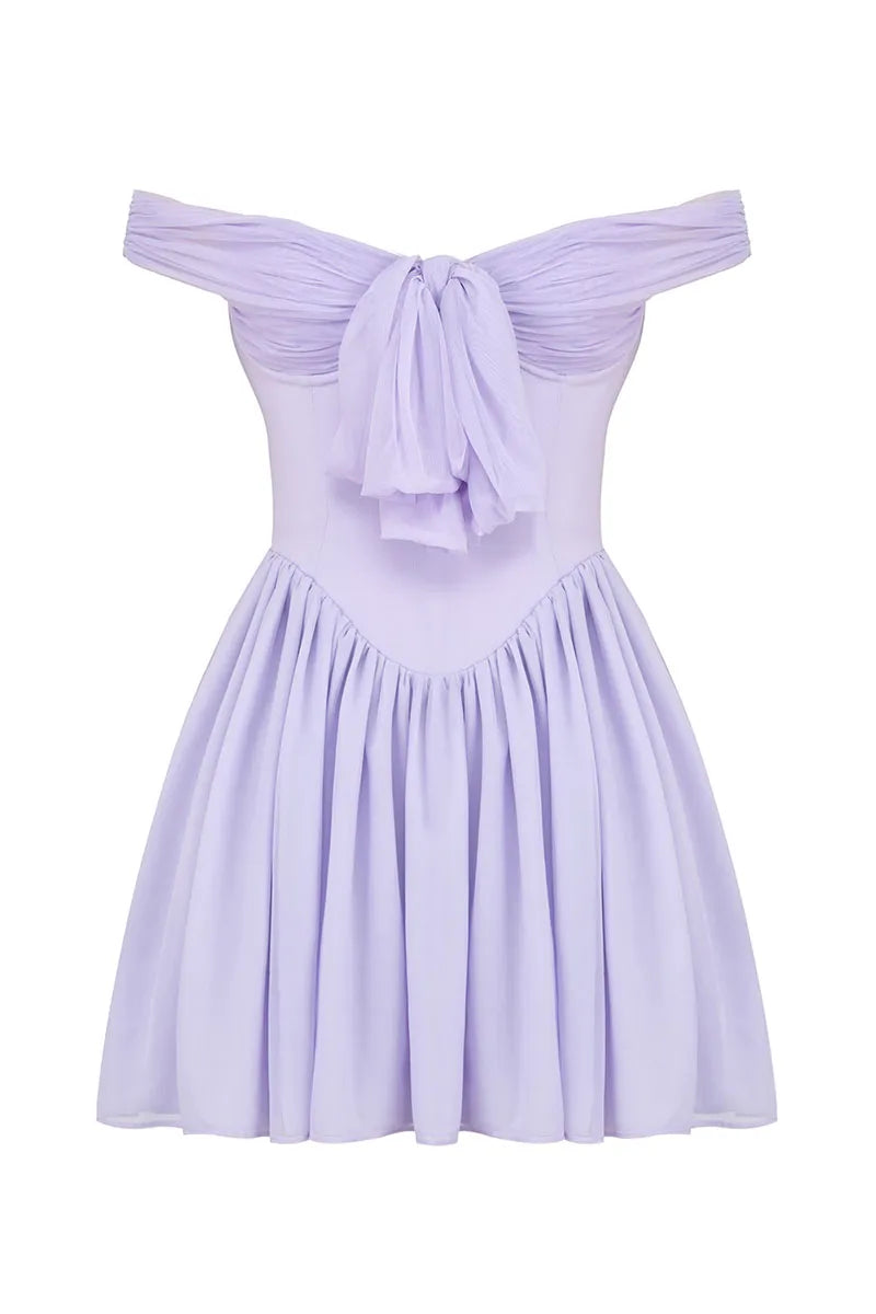 Dress A-line Off Shoulder Tie Up Bow Cinch Waist Ruched Mini Dresses Purple Homecoming Dress