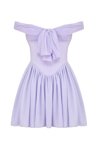 Dress A-line Off Shoulder Tie Up Bow Cinch Waist Ruched Mini Dresses Purple Homecoming Dress