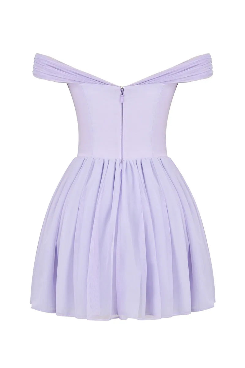 Dress A-line Off Shoulder Tie Up Bow Cinch Waist Ruched Mini Dresses Purple Homecoming Dress