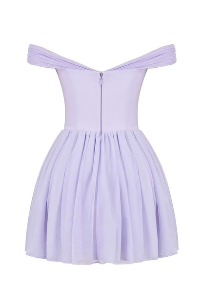 Dress A-line Off Shoulder Tie Up Bow Cinch Waist Ruched Mini Dresses Purple Homecoming Dress