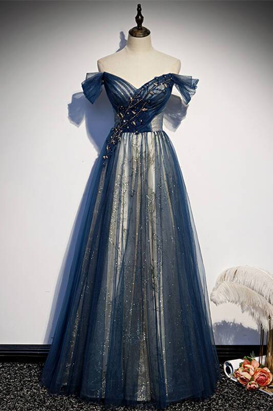 Dress A-line Off the Shoulder Navy Blue Tulle Formal Dress Prom Dress