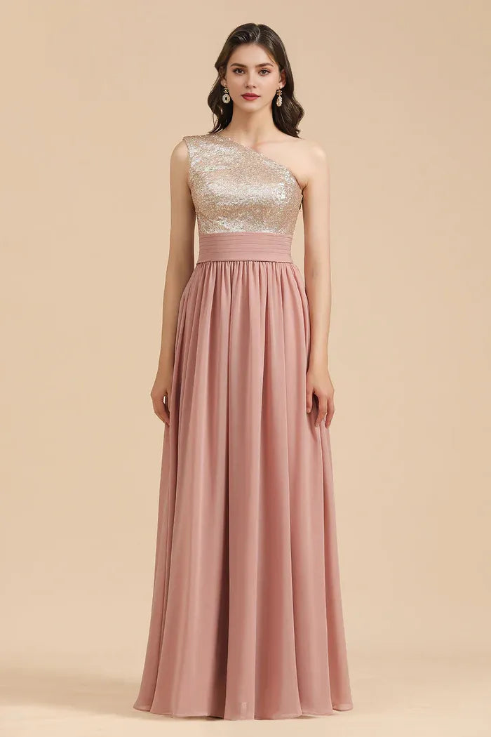 Dress A-line One Shoulder Sequins Dusty Rose Bridesmaid Dresses Prom Dress