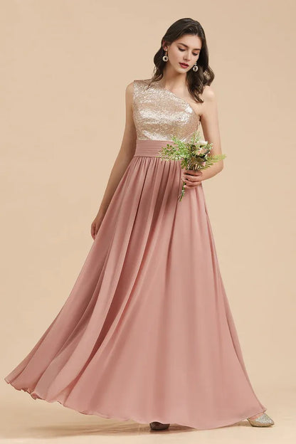 Dress A-line One Shoulder Sequins Dusty Rose Bridesmaid Dresses Prom Dress