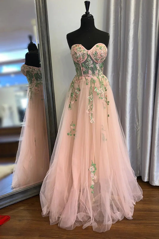 Dress A-line Peach Tulle Sweetheart Floral Embroidery Maxi Dress Prom Dress