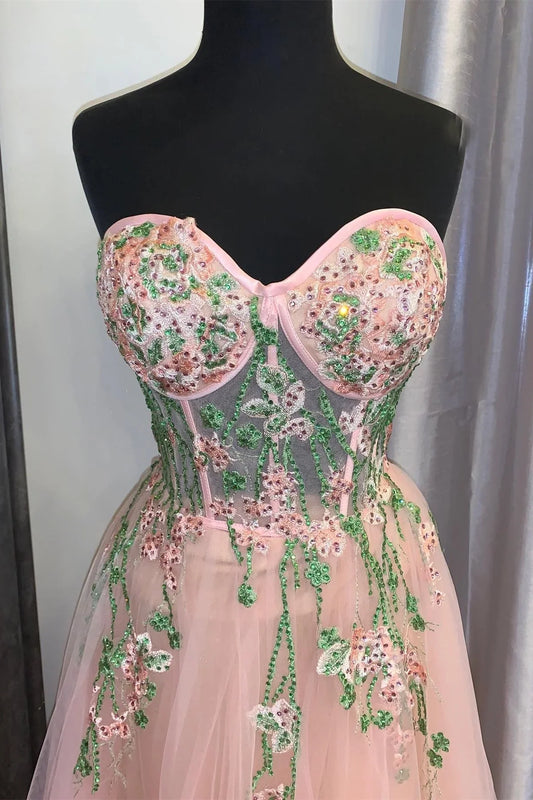 Dress A-line Peach Tulle Sweetheart Floral Embroidery Maxi Dress Prom Dress