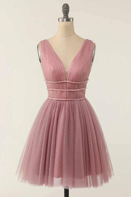 Dress A-line Princess Sleeveless Backless Homecoming Dress V Neck Back Zip Party Dress