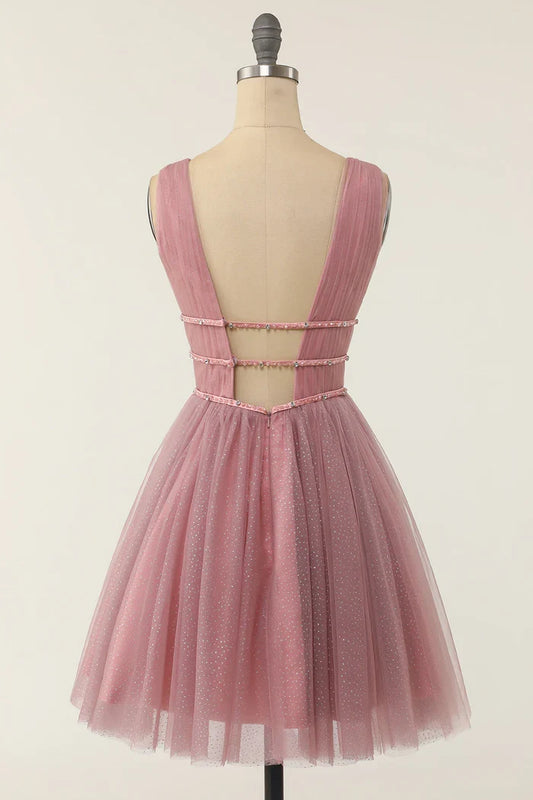 Dress A-line Princess Sleeveless Backless Homecoming Dress V Neck Back Zip Party Dress