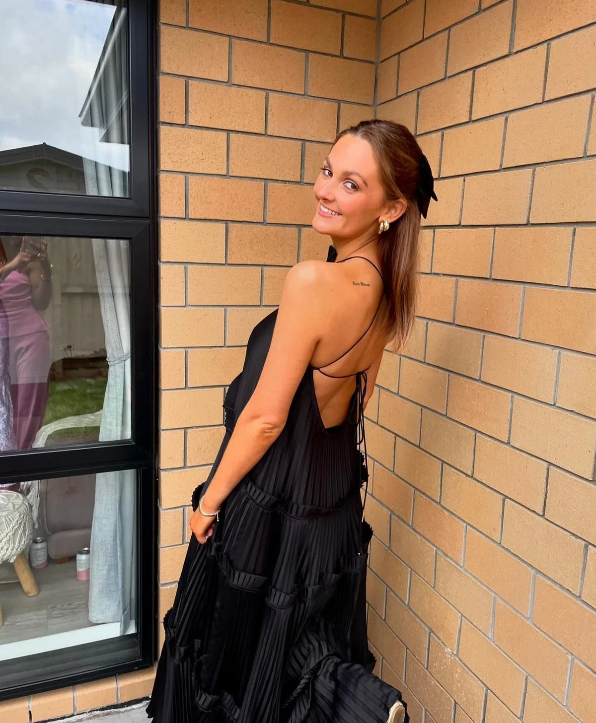 Dress A-line Ruffle Halterneck Maxi Dress Pleated Sleeveless Black Prom Dress