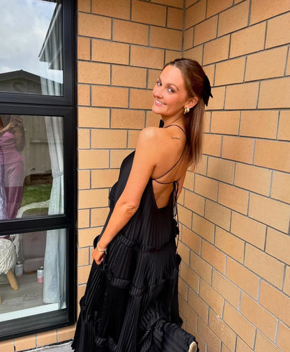 Dress A-line Ruffle Halterneck Maxi Dress Pleated Sleeveless Black Prom Dress