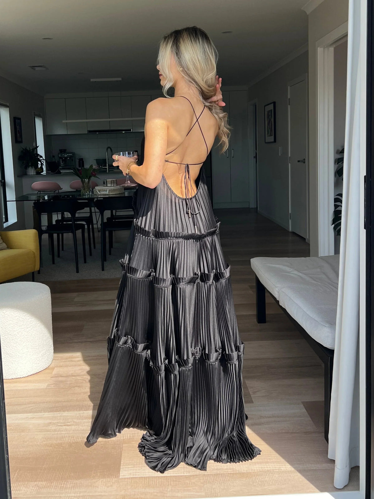 Dress A-line Ruffle Halterneck Maxi Dress Pleated Sleeveless Black Prom Dress