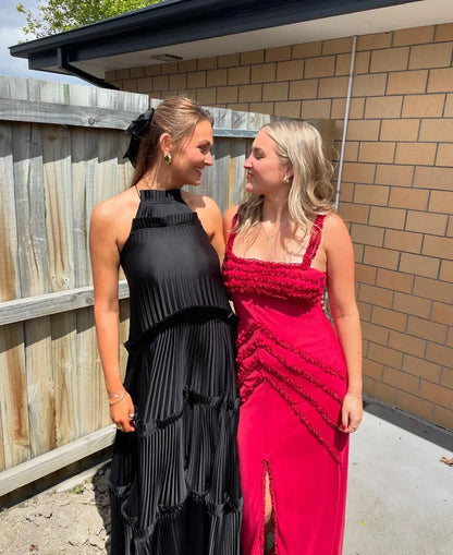 Dress A-line Ruffle Halterneck Maxi Dress Pleated Sleeveless Black Prom Dress