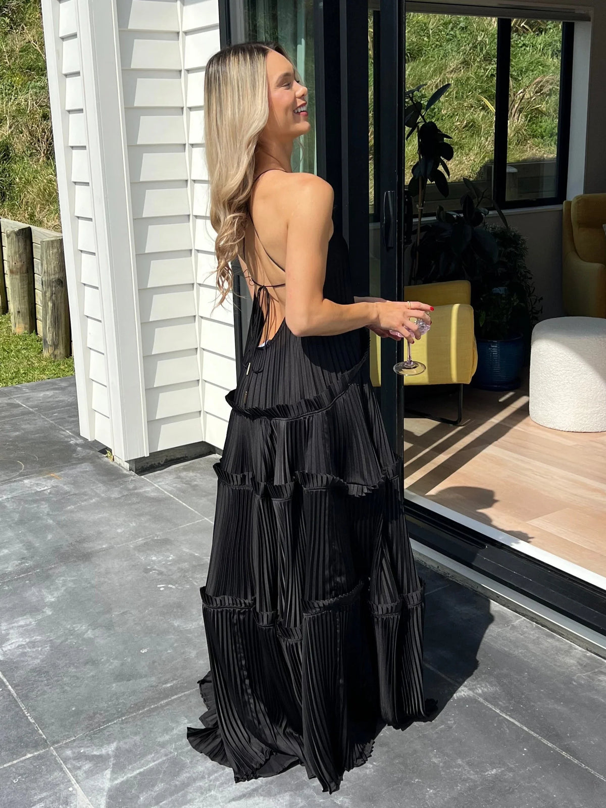 Dress A-line Ruffle Halterneck Maxi Dress Pleated Sleeveless Black Prom Dress