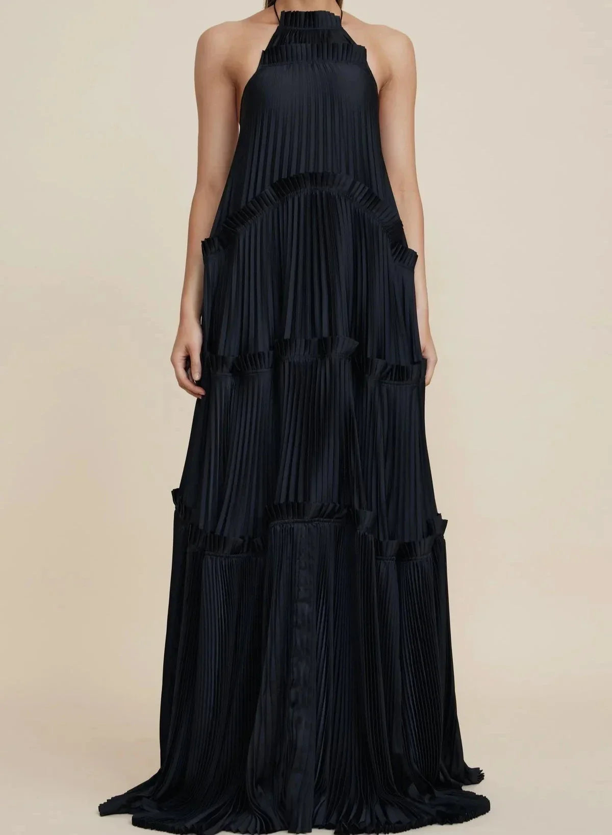 Dress A-line Ruffle Halterneck Maxi Dress Pleated Sleeveless Black Prom Dress