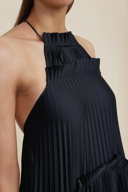 Dress A-line Ruffle Halterneck Maxi Dress Pleated Sleeveless Black Prom Dress