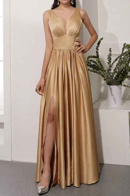 Dress A-line Satin Long Evening Party Dress With Slit Sleeveless Prom Dress