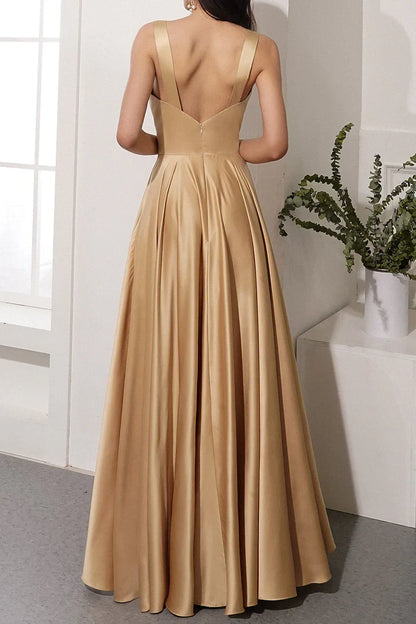 Dress A-line Satin Long Evening Party Dress With Slit Sleeveless Prom Dress
