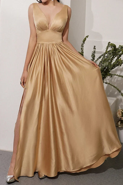 Dress A-line Satin Long Evening Party Dress With Slit Sleeveless Prom Dress
